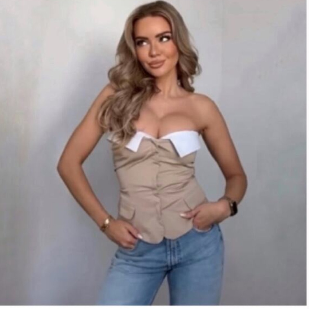 NEW ZARA WOMAN SS23 BEIGE MIXED GABARDINE TOP 3067/028 Medium
